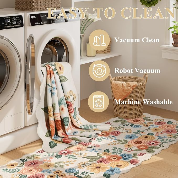 DUKINO 2x3 Rug for Entryway, Floral Door Mat Washable Rug, Beige Yellow | Non Slip, Low Pile, Soft Small Rugs for Kitchen, Entrance, Bedroom, Bathroom, Laundry, Pet Friendly, Non-Shedding, Home Decor