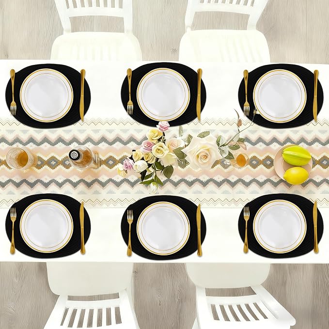 Oval Woven Placemats Set of 6, Boho Cotton Rope Braided Table Mats, 17x13 Inches Non Slip Heat Resistant Place Mats for Dining Room, Thick Hot Pads for Farmhouse Kitchen Table Decor. (Black)