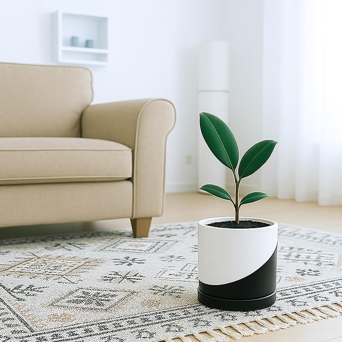 D'vine Dev 6.5 Inch Ceramic Planter Pot, Black White Diagonal, 94-O-C-K | Modern Cylinder Design, Drainage Hole & Saucer Included, Stable Structure, Elegant Home Accent