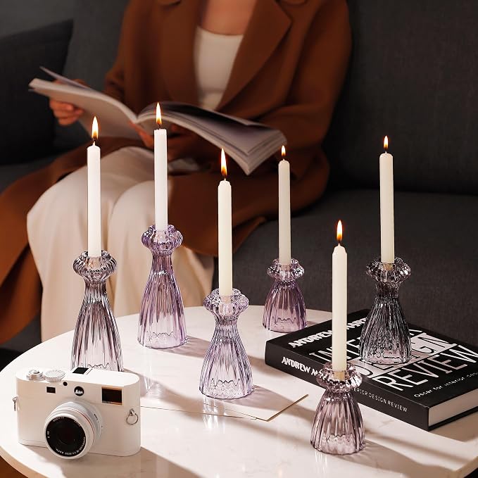 Lysenn Glass Candlestick Holders, Taper Candle Holders Set of 6, Smoke Gray