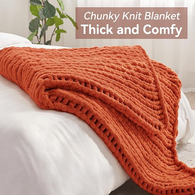 Negwoo Chunky Knit Throw Blanket, Knitted Throw Chenille Yarn, 30"*40" | Soft Thick Cable Knitted Blankets, Handmade Big Thick Blanket, Machine Washable Cute Comfy Blanket for Home Decor, Orange