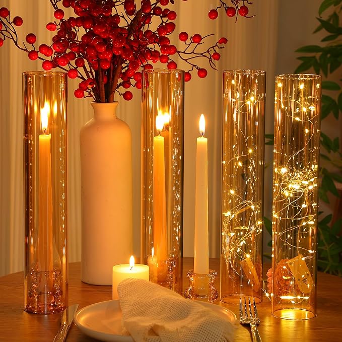 Teenyyou 12 Set Glass Hurricane Candle Holders Candlestick Bulk 12.6",Amber | 2.2" Taper Clear Candlestick Holders, Open Ended Glass Candleholder Tube Shape Bottomless, for Wedding Table Centerpiece