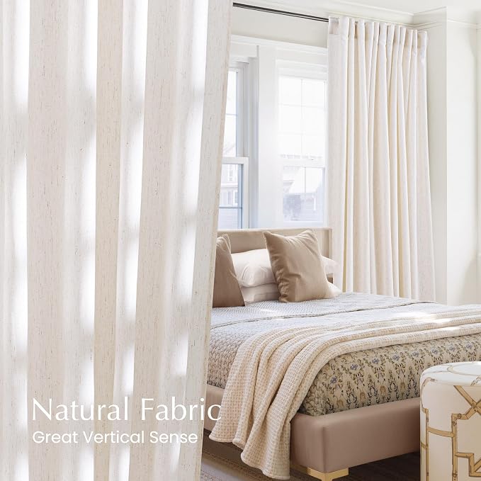 NICETOWN Linen Cream Curtains for Bathroom 45 inches Long, Rod Pocket & Back Tab Semi Sheer Window Treatments Privacy Added with Light Filtering Drapes for Bedroom, W55 x L45, 2 Panels