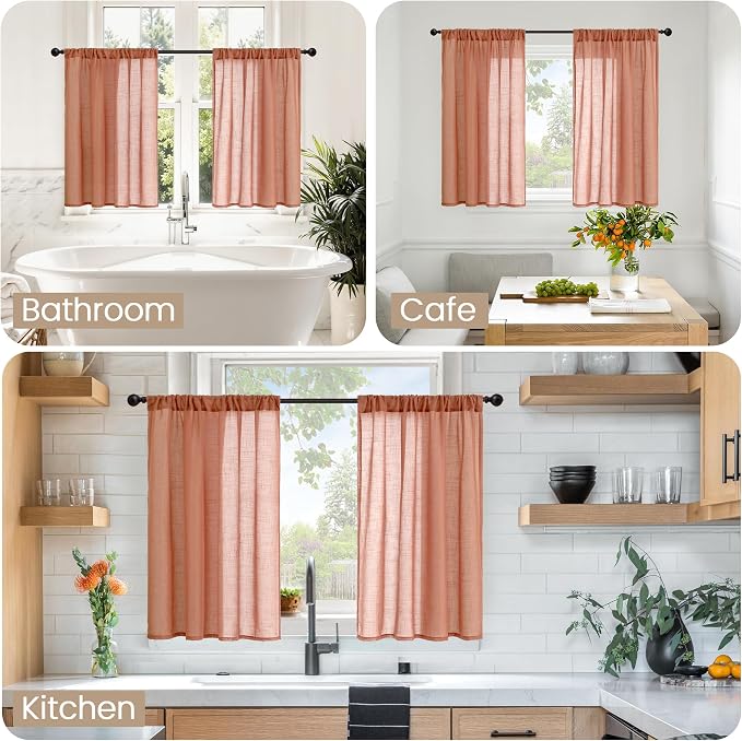 BGment Terracotta Linen Curtains 30 Inch Length for Kitchen Window, Cafe Drapes Semi Sheer Rustic Textured Rod Pocket Lightweight, 2 Panels, Each 30 Inch Wide