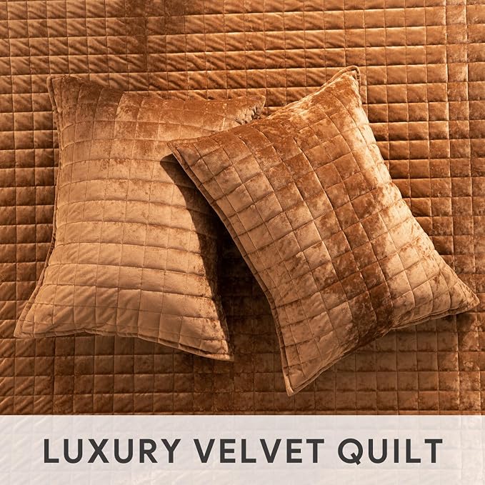 RECYCO Velvet Quilt Set, Oversized Cal King 118"x106", Rusty Burnt Orange | Channel Box Stitch Velvet Comforter Set, Ultra Soft Lightweight Bedspread Coverlet, All Season Bedding Set, with 2 Shams