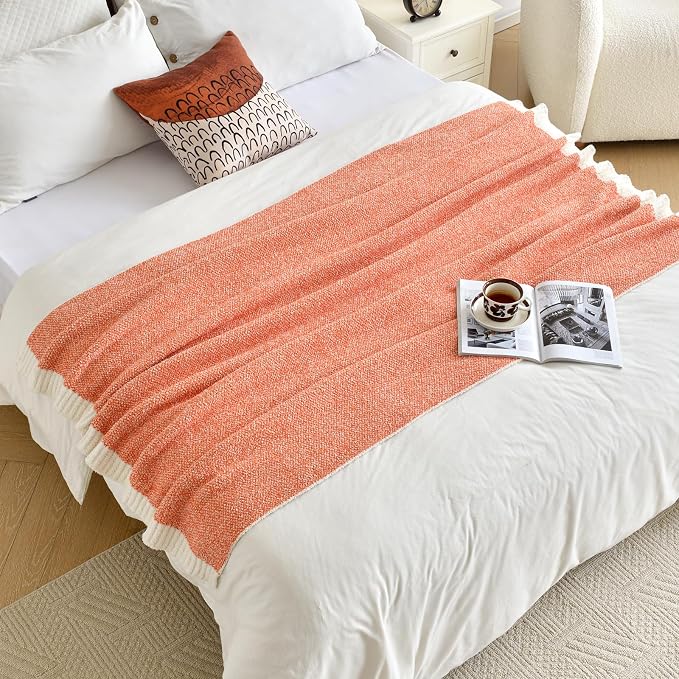 Chunky Knit Boucle Throw Blanket, Soft Washable Coastal Blanket for Bed Couch, Lightweight Cozy Oversized Feather Knit Blanket Indoor Outdoor for Sofa (Orange, Throw 50"x60")