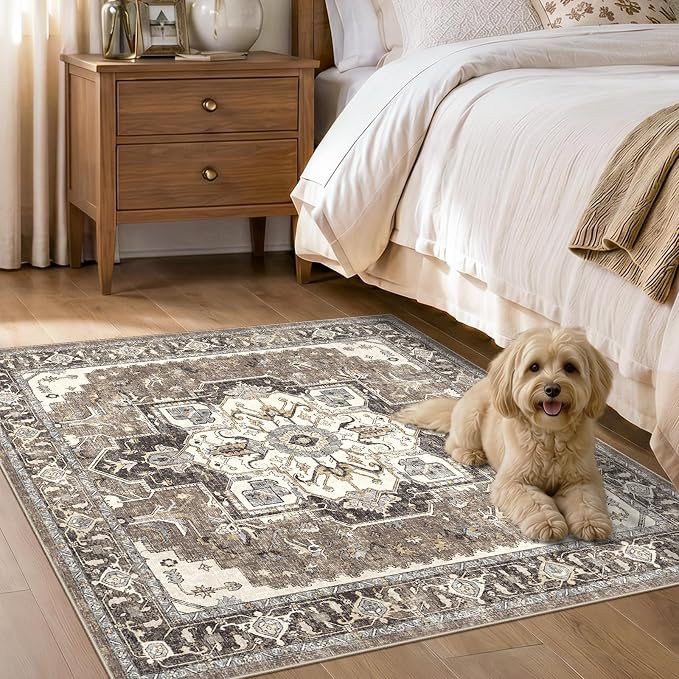 Washable 4x4 Square Area Rug: Indoor Vintage Non-Slip Kitchen Rugs with Rubber Backing for Bedroom Entryway Soft Thin Stain Resistant Carpet Home Decor Floor Mat for Dining Room Bathroom (Beige,4x4)