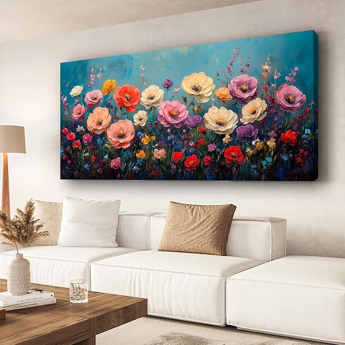 Vibrant Multicolor Flower Picture Print Canvas Wall Art Living Room Dining Room Office Study Bedroom Wall Decor Wall Art Prints Modern Style Artwork Waterproof Ready to Hang - 20x40 Inch