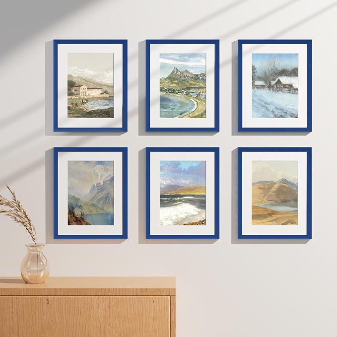 Vittanly 11x14 Picture Frames Set of 9 for Wall Mounting, Blue | Display Pictures 8x10 with Mat or 11x14 without Mat, Engineered Wood with Shatter Resistant Plexiglass, Gallery Photo Frames