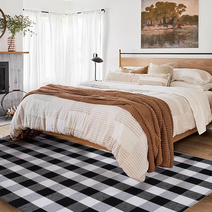 Buffalo Plaid Area Rug 5x7 Ft, Black White Indoor Outdoor Rug | Washable Cotton, Black White Checkered, Layering Rug, Front Porch Entryway, Kitchen Patio Decor