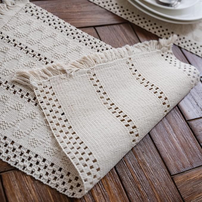 Macrame Table Runner Cream Beige Boho Table Runners with Tassels 12x36in | Alynsehom Hand Woven Cotton Table Runner Rustic Farmhouse Table Runners for Bohemian Kitchen Dining Table