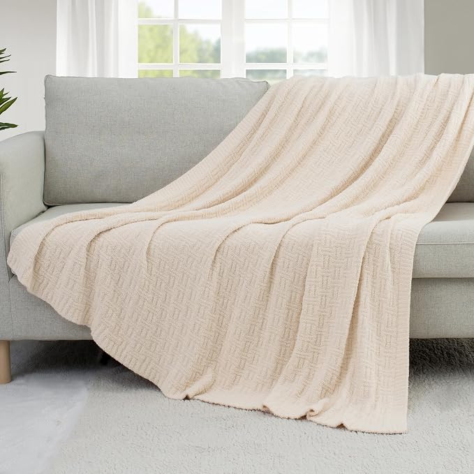 White Ultra Soft Knit Throw Blanket for Couch,50"X60" Microfiber Fluffy Cozy Warm Knitted Blankets with Checked Pattern for Sofa Bed