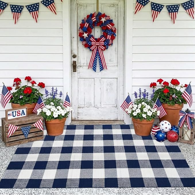 Buffalo Plaid Outdoor Rug 3x5 Ft Navy Blue and White Checkered Area Rug Washable Doormats Indoor Outdoor Rugs for Layered Front Door Mats, Porch, Entryway, Kitchen, Farmhouse