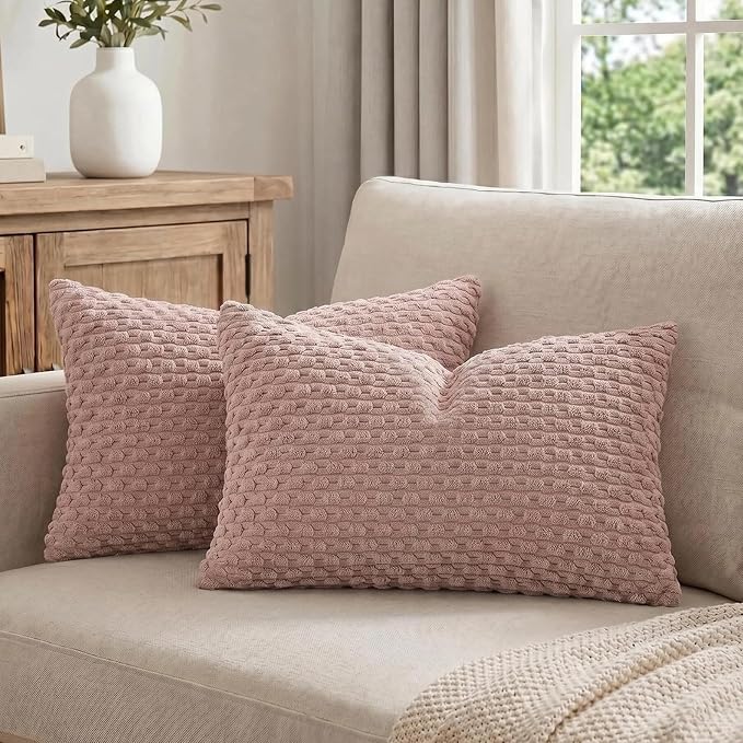 Fancy Homi Set of 2 Pink Lumbar Decorative Throw Pillow Covers 12x20 Inch for Couch Living Room Bed Sofa, Modern Farmhouse Boho Home Decor, Soft Plush Corduroy Rectangle Cushion Case 30x50 cm