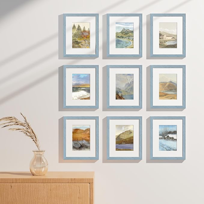 Vittanly 8x10 Picture Frames Set of 9, Wall & Tabletop, Rustic Blue | Display Pictures 5x7 with Mat or 8x10 without Mat, Small Photo Frames, Engineered Wood with Shatter Resistant Plexiglass
