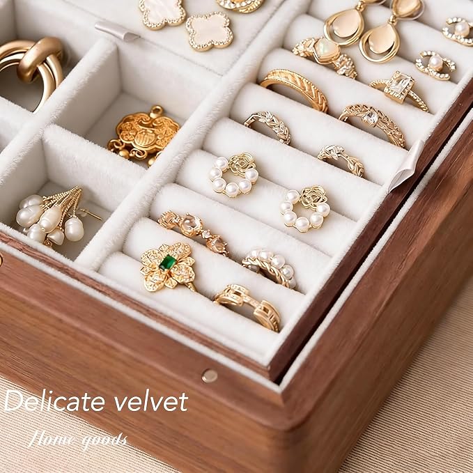 Bescott 2 Layer Solid Black Walnut Wooden Jewelry Box with Lock and Key for Women Wood Vintage Organizer for Men Earrings Rings Necklaces Bracelet Watch Storage
