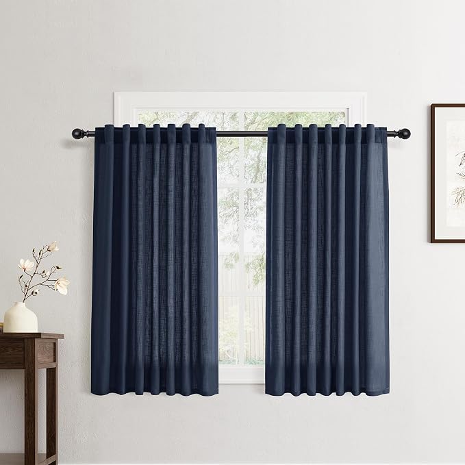 Jowels Navy Linen Curtains 45 Inch Long 2 Panels for Living Room | Navy Blue Light Filtering Semi Sheer Curtain,Back Tab Pocket Pleated Look,Boho Textured Privacy Drapes for Bedroom Window