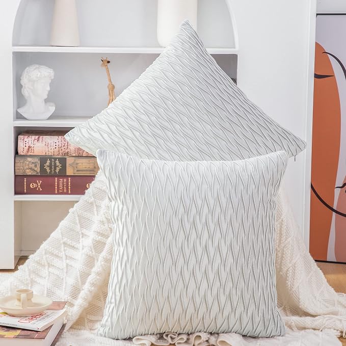 MADIZZ Set of 2 Super Soft Velvet Decorative Throw Pillow Covers 24x24 inch Greyish White Square with Texture Luxury Style Cushion Case European Pillow Shell for Sofa Bedroom