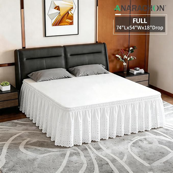 ANARACHON Full Bed Skirt, Wrap-Around Elastic Ruffled Eyelet Bed Skirt Full Size Dust Ruffle with Gathered Styling and Embroidered Details, 18" Drop Length (White)