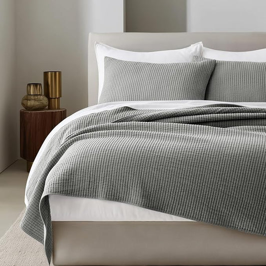 EVERGRACEHOME Cotton Ribbed Matelassé Coverlet Set, Queen Size, Fog Gray | Soft Lightweight Bedspread, 3 Pieces, Breathable Cozy Oversized Quilted Bedding Set for All Seasons, with 2 Pillow Shams