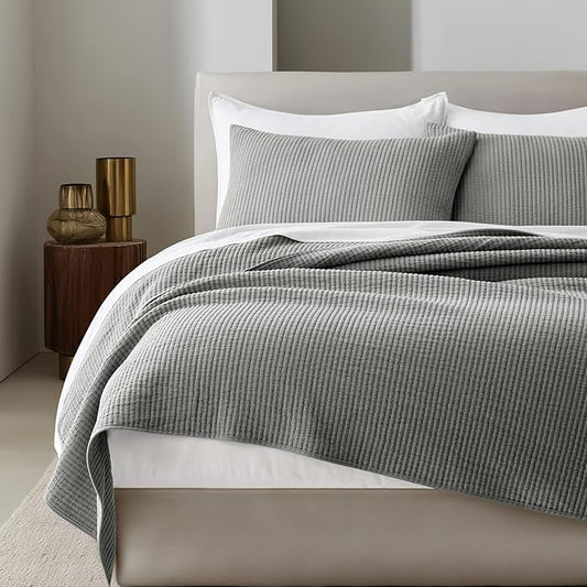 EVERGRACEHOME Cotton Ribbed Matelassé Coverlet Set, King Size, Fog Gray | Soft Lightweight Bedspread, 3 Pieces, Breathable Cozy Oversized Quilted Bedding Set for All Seasons, with 2 Pillow Shams