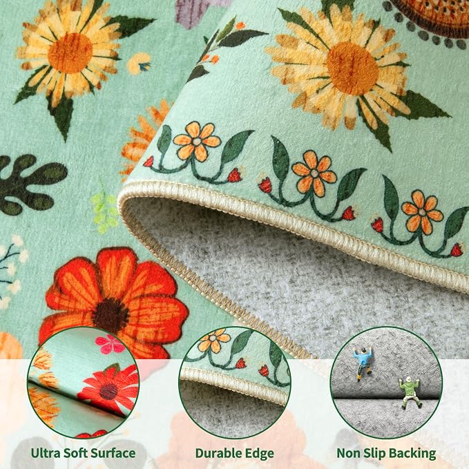 Ciicool 2x6 Runner Rug Non Slip，Floral Washable Kitchen Rugs for Hallways | Entryway Rug for Laundry Bedroom Bathroom Bedside,Boho Soft Low Pile Carpet Indoor Floor Mat Decor