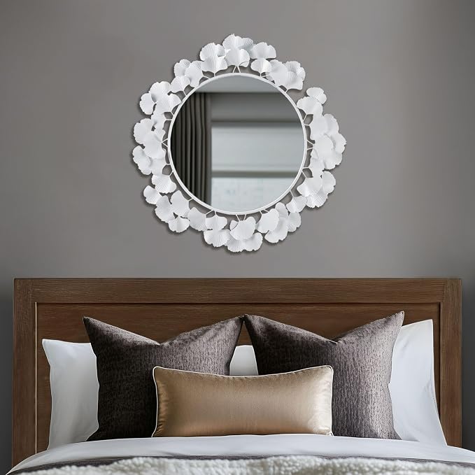 Martha Stewart Wall Décor Large Gingko Leaf Round Wall Mirror for Living Room, Iron Metal Plate Frame Antique Finish, Ready to Hang Bedroom Decoration, Eden, 30.5", White