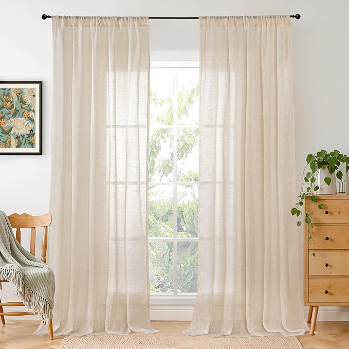 BGment 108 Inch Length Linen Curtains for Living Room Windows, Semi Sheer Natural Textured Drapes for Bedroom Dining Farmhouse Decorative Rustic Rod Pocket Lightweight, 2 Panels, Each 52 Inch Wide