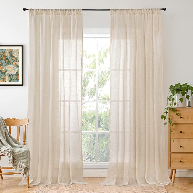 BGment Natural Linen Curtains 96 Inches Long for Living Room Burlap Drapes | Tan Semi Sheer with Rod Pocket Light Filtering for Farmhouse Bedroom Window Lightweight, 2 Panels, 52 X 96 Inch