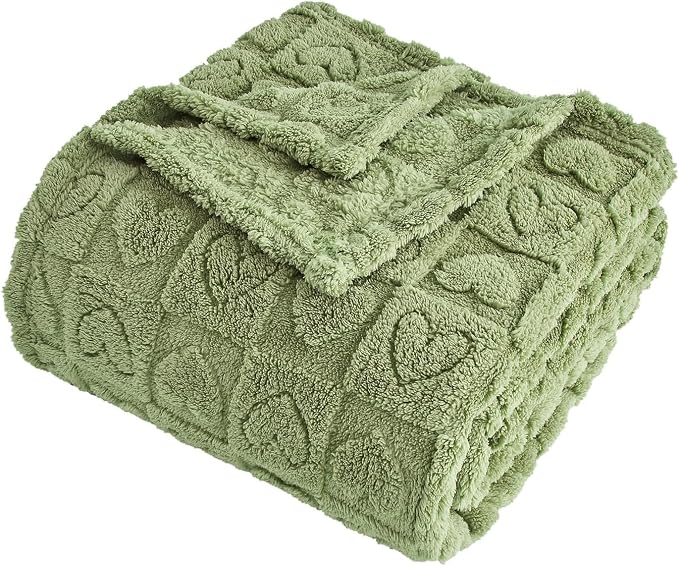 FY FIBER HOUSE Throw Blankets with Heart Checkered,Soft Warm Blankets for Lover Mom Father Gifts,Washable Lightweight Fuzzy Blanket for Couch Sofa Bed All Season(Sage Green,60"x80")