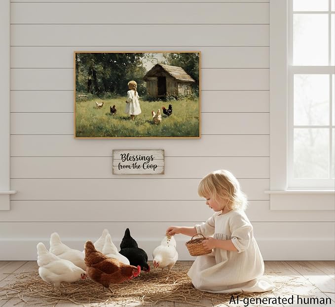 Misubvy Vintage Farmhouse Girl Canvas Wall Art,12x16in | Floating Framed- Chicken Poster Prints.Rural Cottagecore Picture,Country Painting for Bedroom Living Room Wall Decor