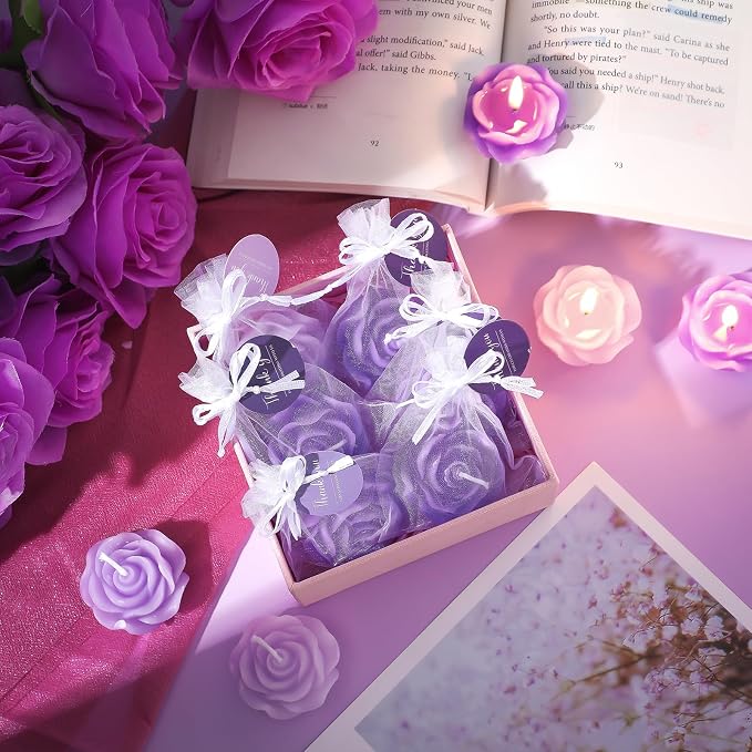 Treela 50 Set Rose Flower Candles, Purple Wedding Favors for Guests