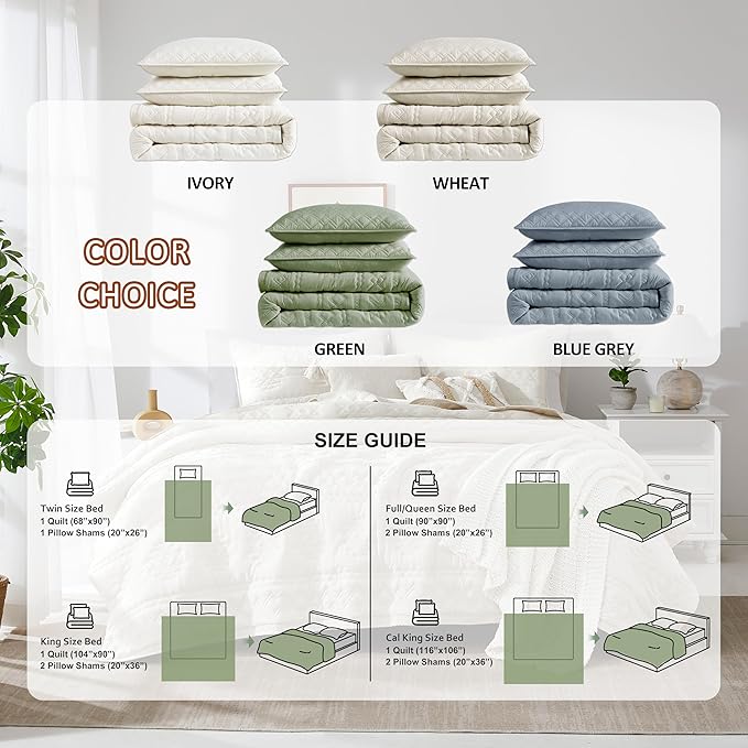 WDCOZY Boho Ivory Quilts Queen Size Bedding Sets with 2 Pillow Shams, Cream White Farmhouse Lightweight Soft Bedspread Coverlet for All Season, 3 Pieces, 90x90 inches