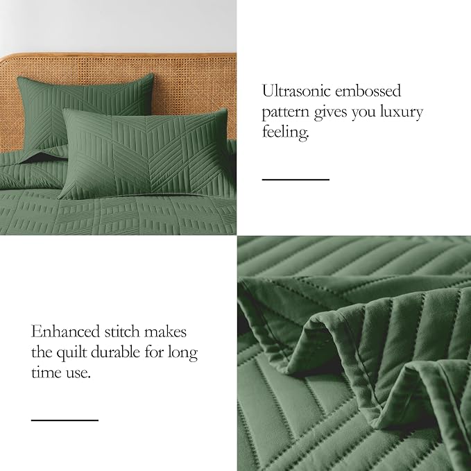 Davulos King/Cal King Quilt Set in Olive Green, Soft Reversible Microfiber Bedspread for All-Season Use in Bedroom or Dorm, Lightweight Modern Geometric Coverlet (1 Quilt, 2 Pillow Shams)