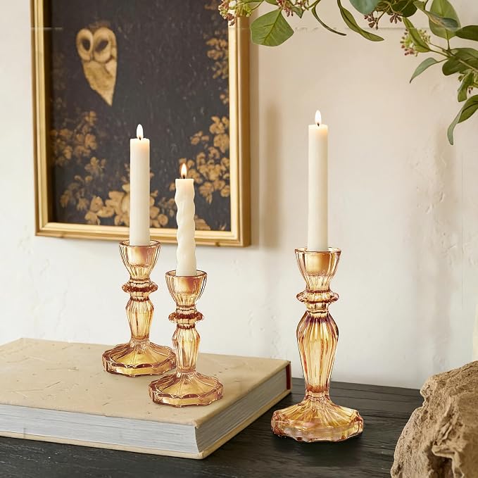 Glass Candlestick Holders Set of 3, Amber Stripe Taper Candle Holders for Table Centerpiece, Home Decorations, Wedding and Party