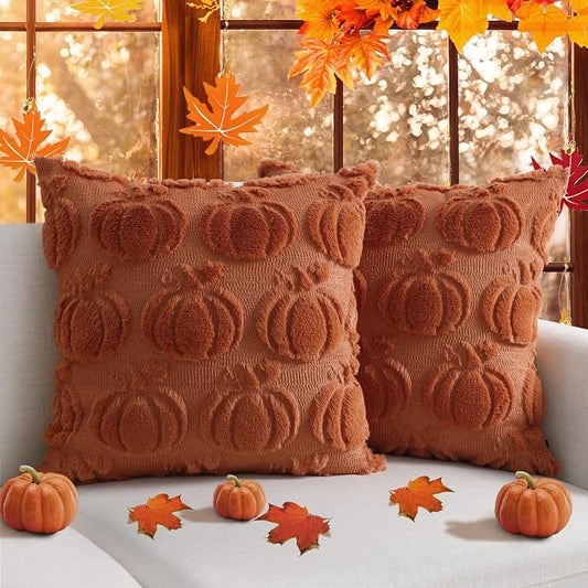 Thmyo Fall Throw Pillow Covers 18x18 inch Set of 2 Rust Pumpkin Decorative Pillow Cases, Soft Plush Faux Fur Wool Square Cushion Covers for Sofa Couch Bedroom Home Winter Autumn Harvest Decor