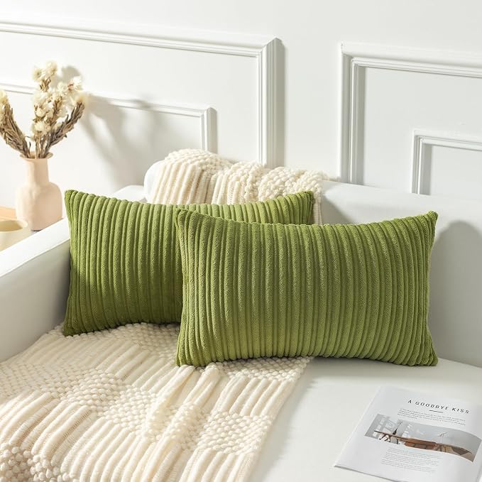 Kevin Textile Striped Corduroy 12”x20” Pillow Covers 2 Pack, Green
