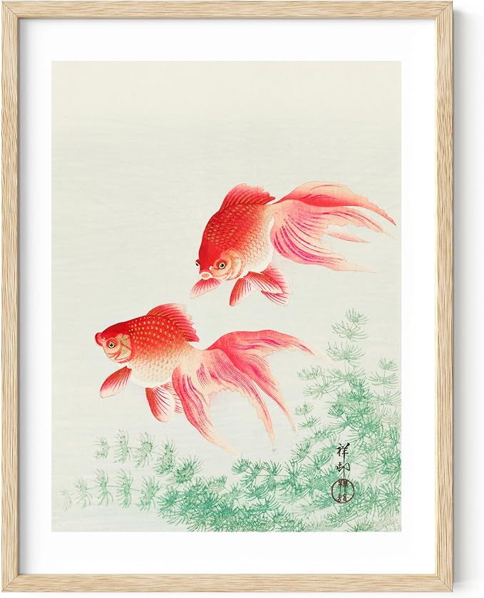 HAUS AND HUES Japanese Wall Art - Goldfish Print, Japandi Asian Wall Poster for Bedroom or Living Room, Japanese Wall Decor 12x16 Beige Frame