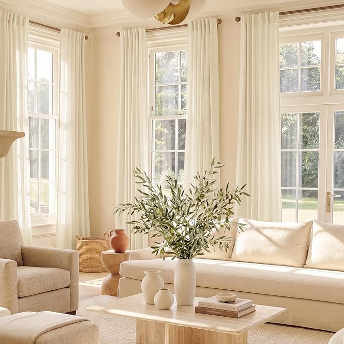 NICETOWN Linen Beige Curtains 102 inchesLong for Bedroom, Rod Pocket & Back Tab Privacy Added with Light Filtering Thick Flax Semi Sheer Window Treatments for Living Room, W55 x L102, 2 Panels