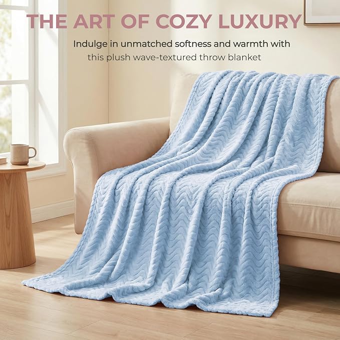 Exclusivo Mezcla Large Fleece Throw Blanket for Couch, Sofa, Light Blue | 50"x70" Soft Breathable Lightweight Flannel Throws for Summer, Plush Cozy Jacquard Wave Blanket for Home Decor