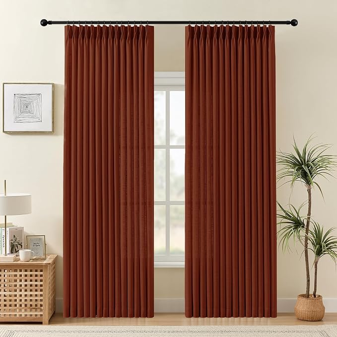 84 Inch Linen Pinch Pleated Sheer Linen Blend Curtains for Living Room | Light Filtering, Bedroom, Burlap Textured Sheer, Pinch Pleat, Linen Blend, Hook Ring, Memory Shape, Chestnut Brown, 2 Panels
