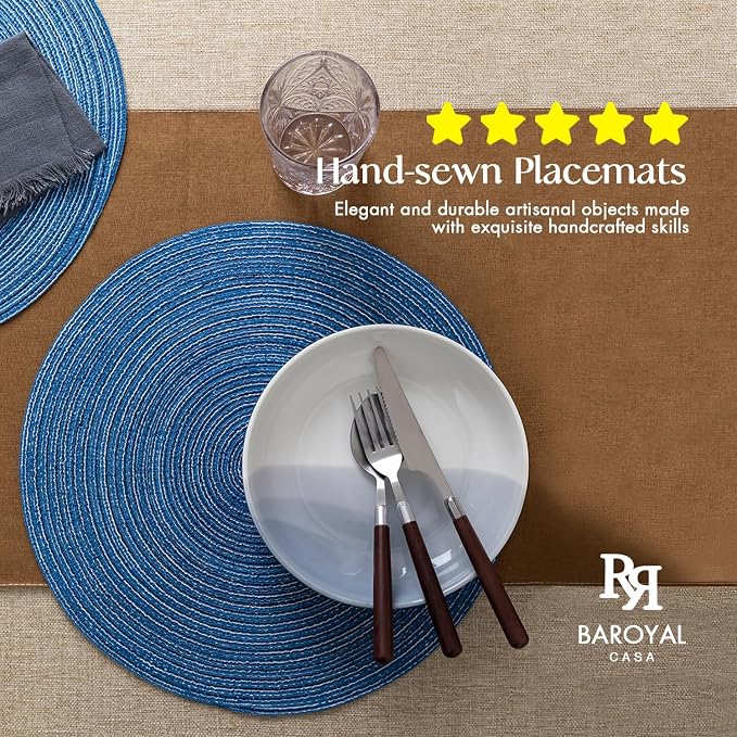 BARoyal Round Placemats Set of 8 Woven Placemats Washable Braided Table Mats for Dining Table Heat Resistant Non-Slip Circle Place Mats(Mid Blue)
