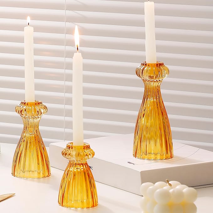Lysenn Glass Candlestick Holders, Taper Candle Holders Set of 3, Amber