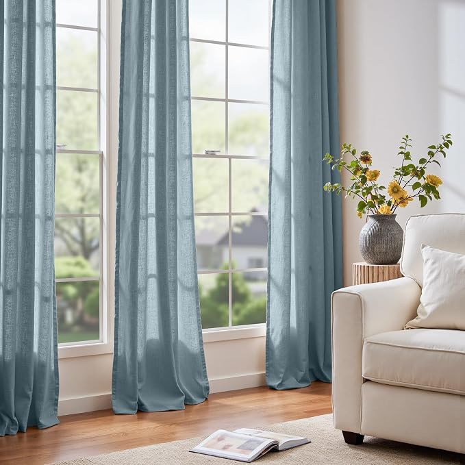 jinchan Custom Size Curtain Blue Linen Blend Curtain 1 Panel for Bedroom Living Room, Light Filtering Farmhouse Drape with Rod Pocket Back Tab (Blue)