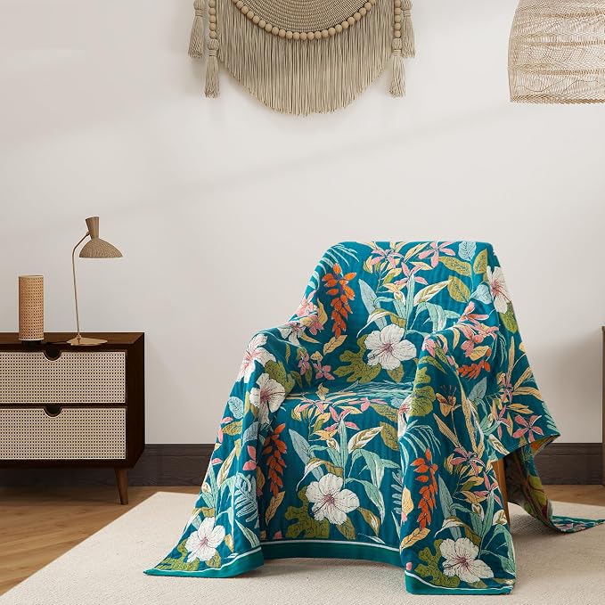 Phuryllic Boho Throw Blanket Full Size, Extra Large Soft Cozy Cotton Muslin Quilt Blanket for Bed Decor, Floral Patterned Couch Sofa Chair Cover, Vintage Farmhouse Cottage Woven Blanket, Teal&Green