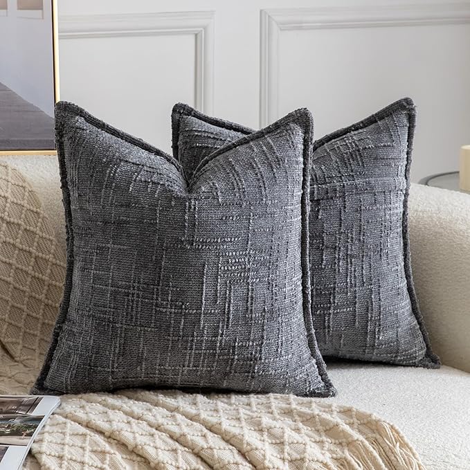 MADIZZ Pack of 2 Chenille Throw Pillow Covers 18x18 Inch Dark Grey Soft Neutral Decorative Throw Pillows for Couch Sofa Boho Accent Cushion Covers Modern Farmhouse Home Decor for Bedroom Living Room
