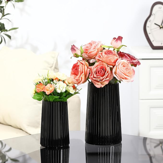 Ribbed Flower Vases Set of 2, Black Vases for Flowers, Flower Vase for Bouquet, Modern Ribbed Glass Vase for Living Room, Bedroom, Dining Table, Office, Wedding, Centerpieces