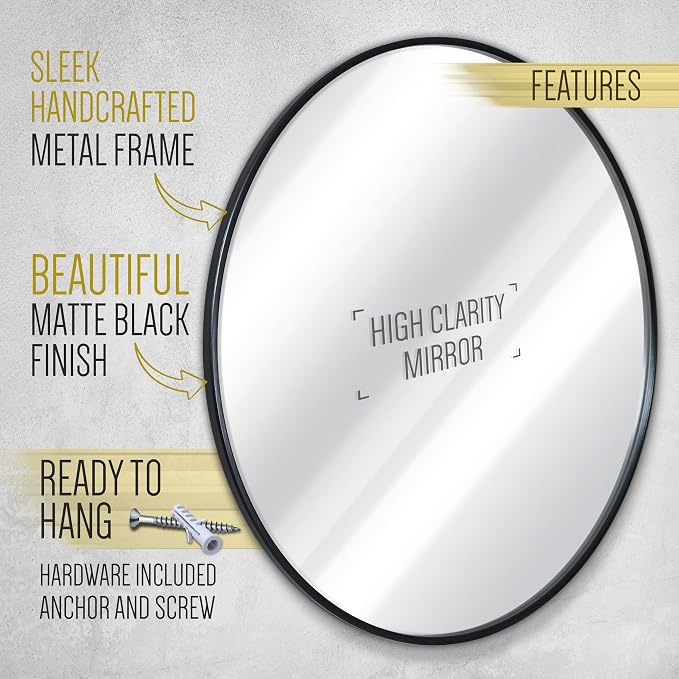 HBCY Creations Round Mirror, Black 24 inch Wall Mirror for Entryway, Bathroom, Living Room and More, Modern Minimalist Mirror for Both Rustic and Boho Design and Decor