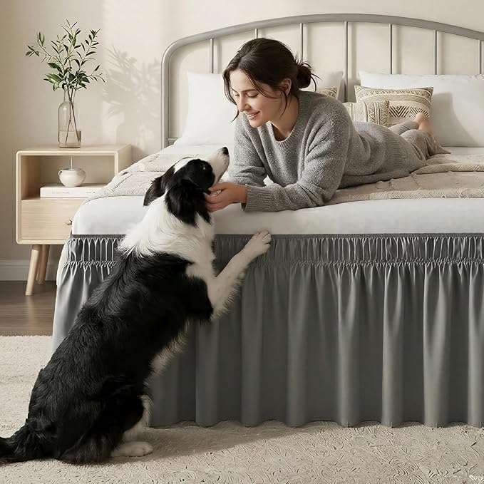 Vocander Dark Gray Queen Bed Skirt 16 Inch Drop, Elastic Wrap Dust Ruffle | Hides Underbed Storage, No Mattress Lifting, Elastic Stays Put, Soft Fabric, Machine Washable, Polished Look
