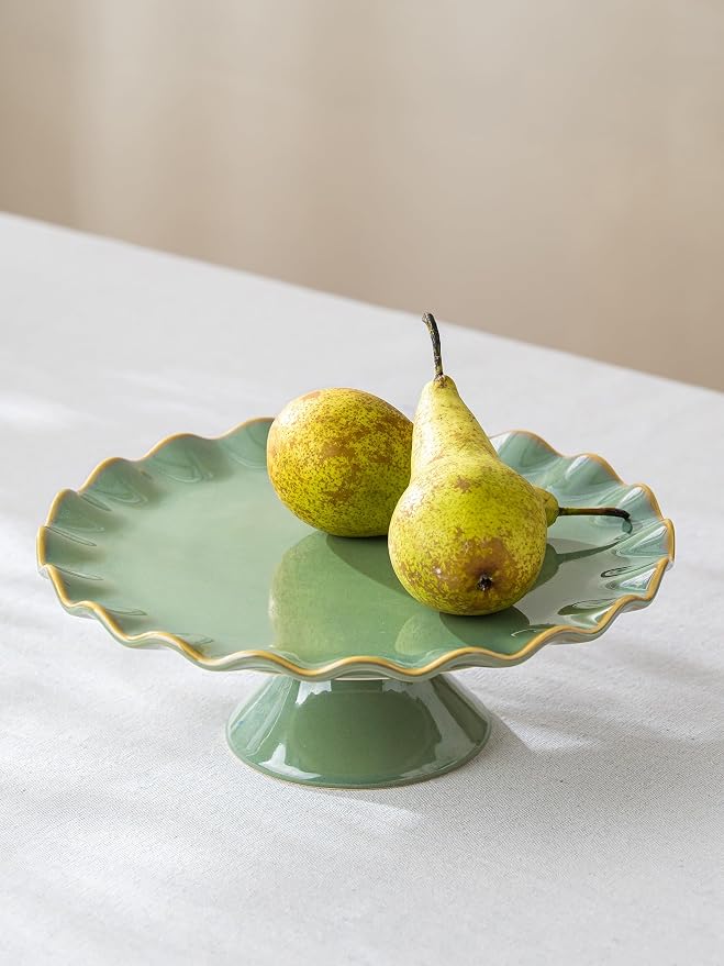 Cake Stand Ceramic, Small Cake Pedestal Stand for 8 Inch Cake, Teal | Vintage Dessert Stand with Ruffle Trim for Birthday, Decorative Pedestal Cake Plate Cupcake Stand for Tea Party